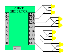 Pairs of leds are wired long to short leg so that leds can be operated by two terminals