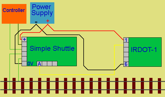 Both the Simple Shuttle and IRDOT-1 have two wires connecting them to the power supply. Two wires connect the controller to the track and two wires connect the simple shuttle to the track. A single wire from terminal2 to terminal A connects the IRDOT-1 to the simple shuttle.